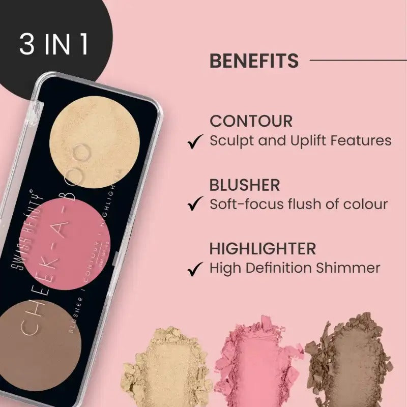 Swiss Beauty CHEEK-A-BOO 3-in-1 Face Palette BLUSHER|CONTOUR|HIGHLIGHTER - Swiss Beauty CHEEK