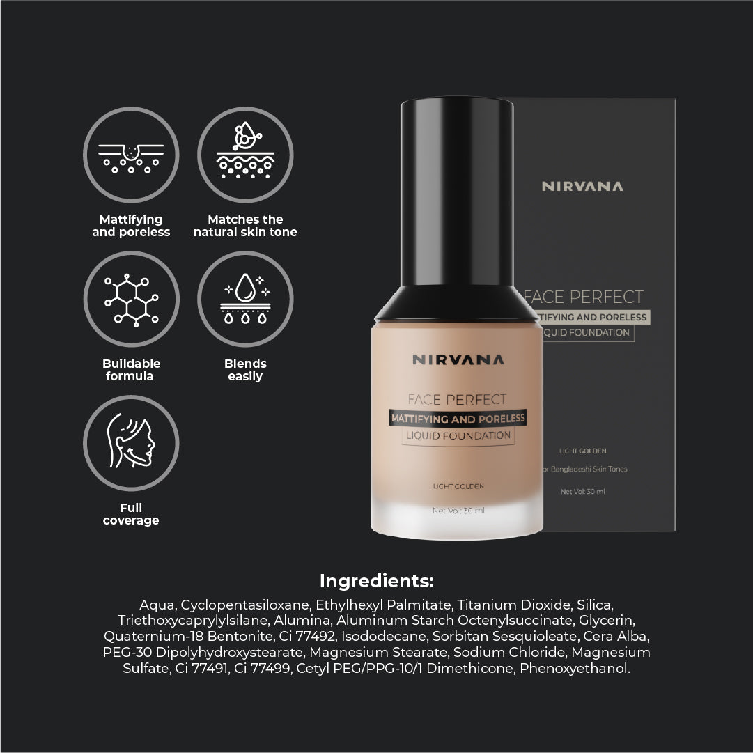 Nirvana Color Face Perfect Liquid Foundation – Light Golden (30ml)