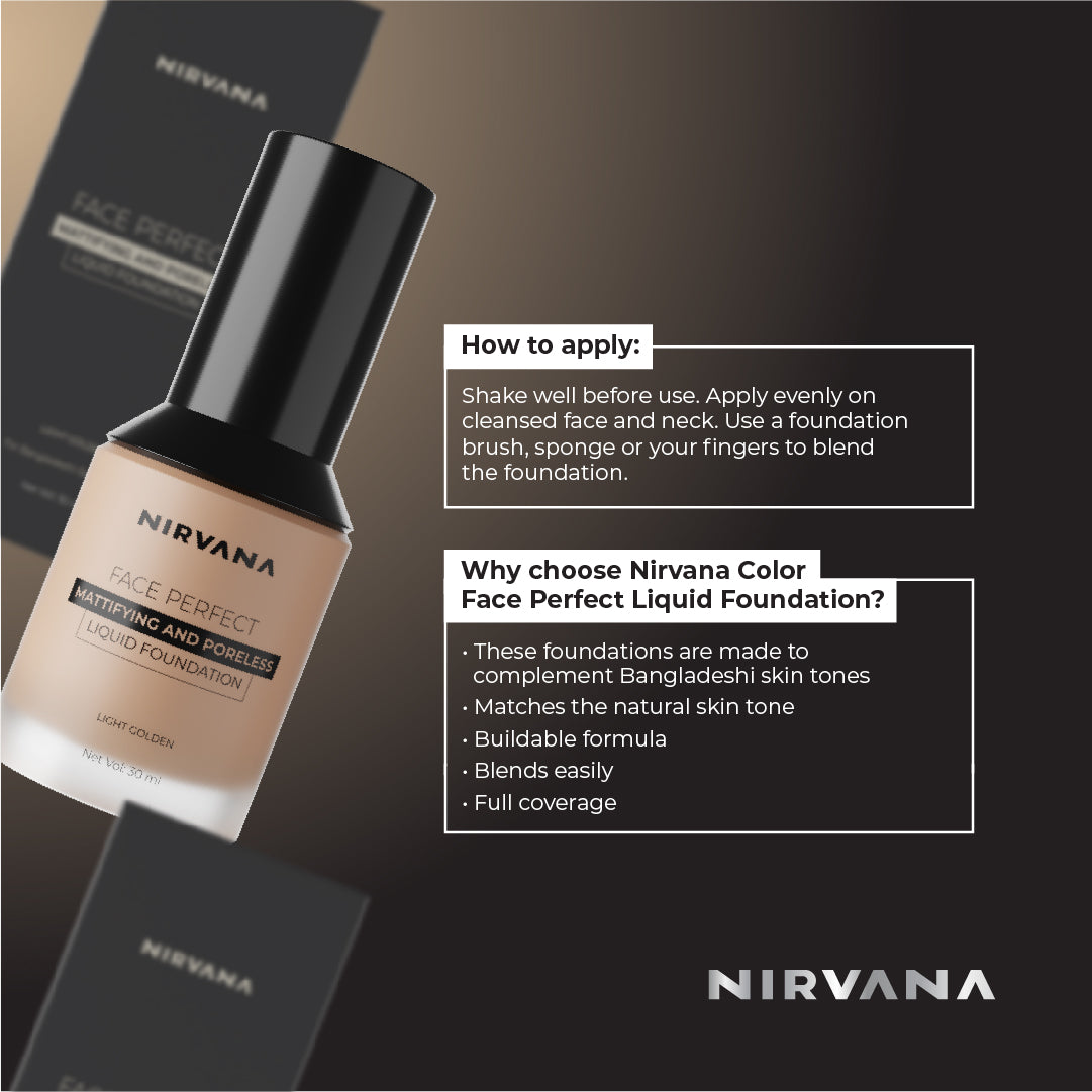 Nirvana Color Face Perfect Liquid Foundation – Light Golden (30ml)