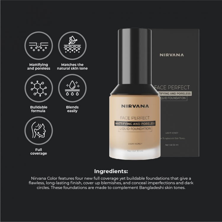 Nirvana Color Face Perfect Liquid Foundation – Light Honey (30ml)