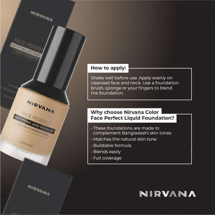 Nirvana Color Face Perfect Liquid Foundation – Light Honey (30ml)